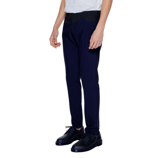 A pair of blue dress pants made from polyester fabric