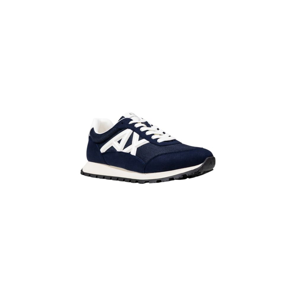 Blue and white athletic sneakers with laces, branded logo on side, polyester material, from Armani Exchange
