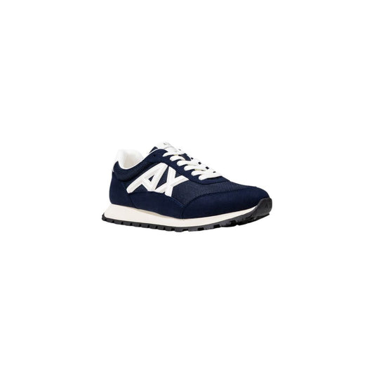 Blue and white athletic sneakers with laces, branded logo on side, polyester material, from Armani Exchange