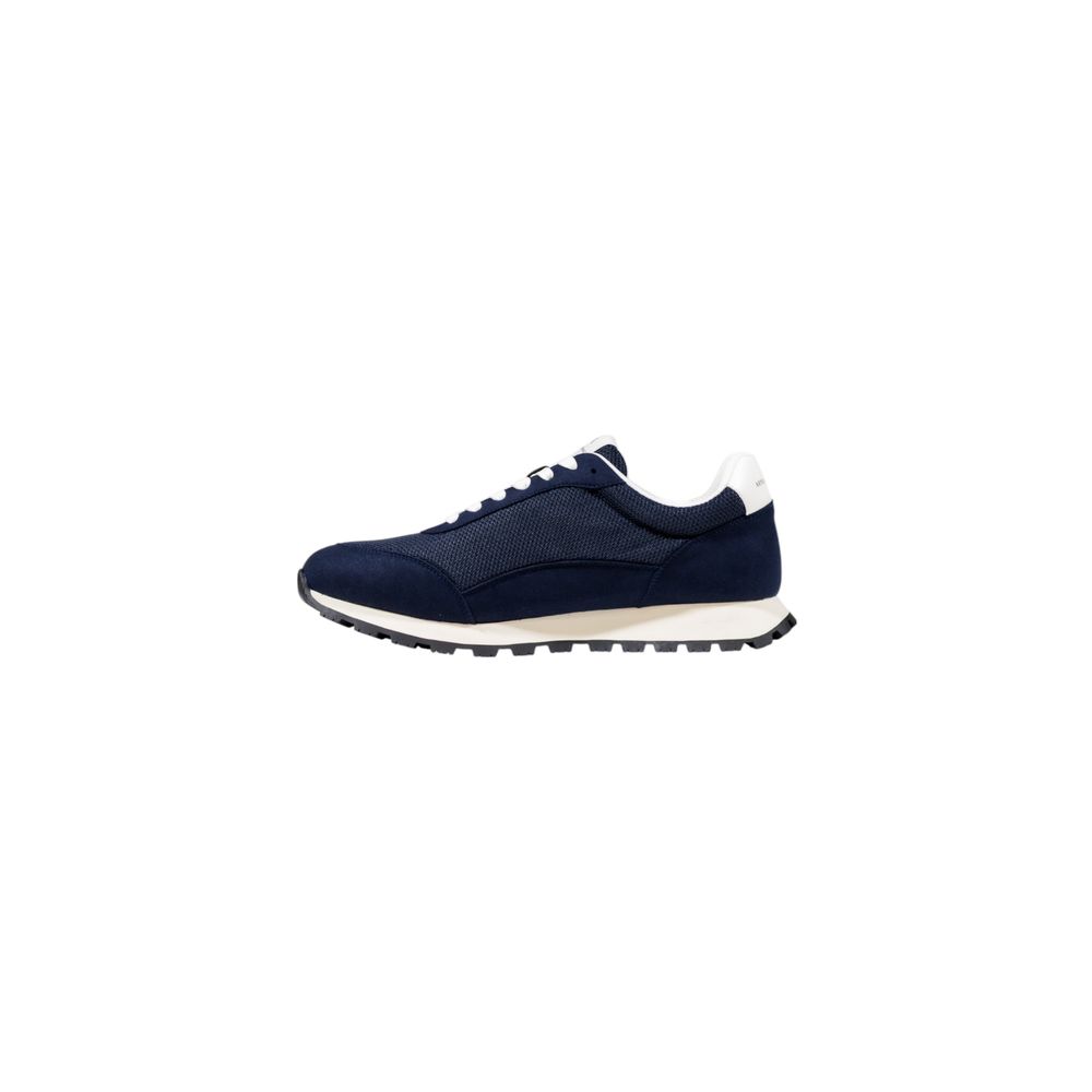 Blue and white athletic sneakers with laces, featuring a bicolor design