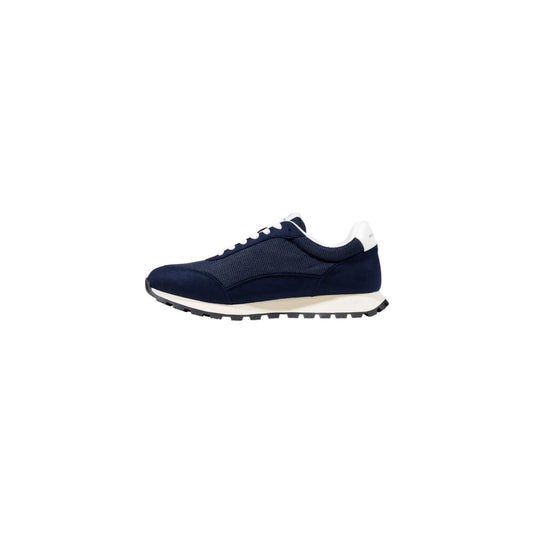 Blue and white athletic sneakers with laces, featuring a bicolor design