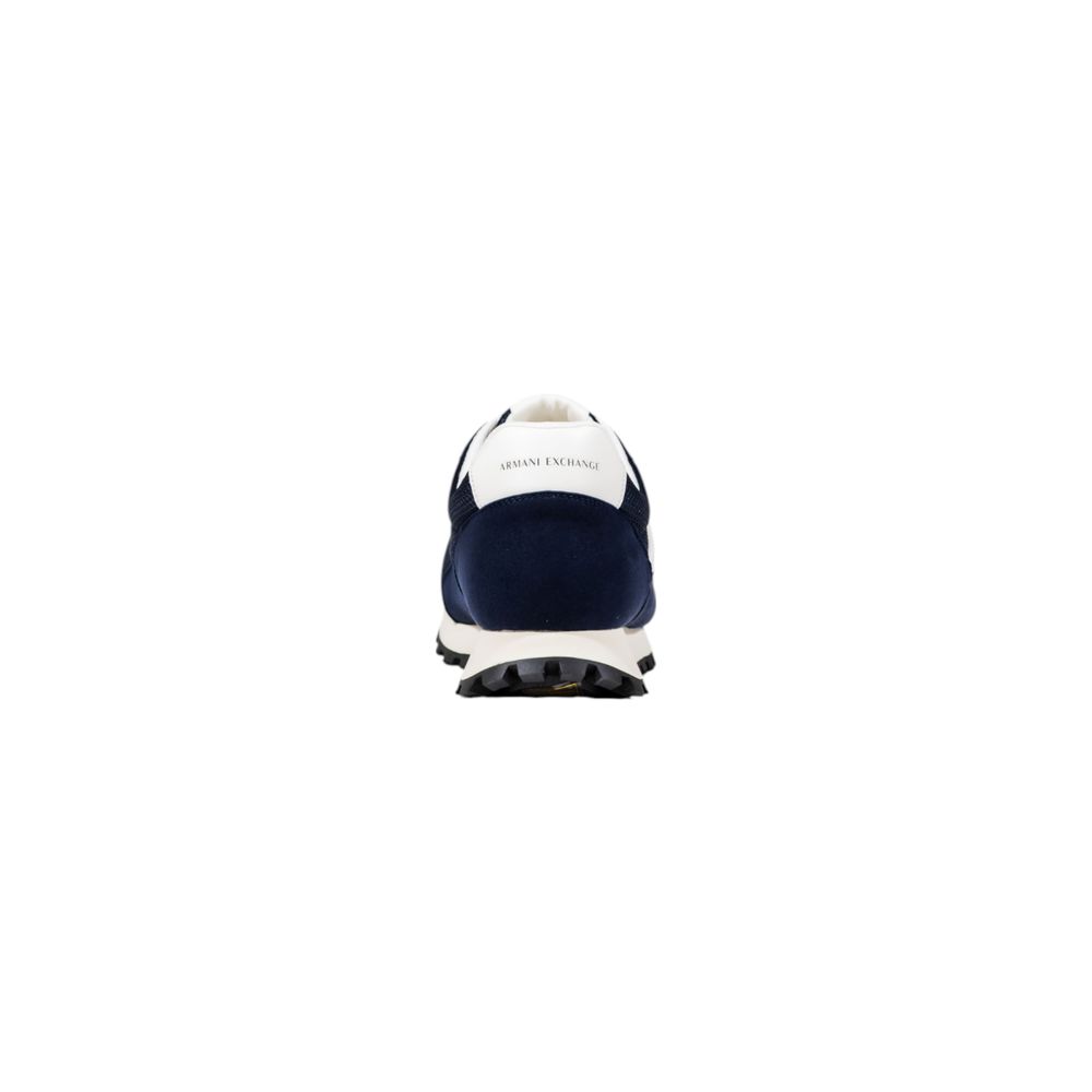 Blue and white athletic sneakers with logo on side