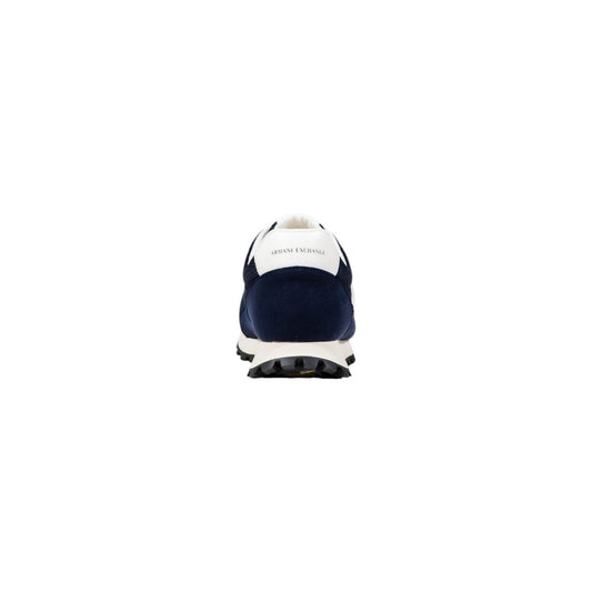 Blue and white athletic sneakers with logo on side