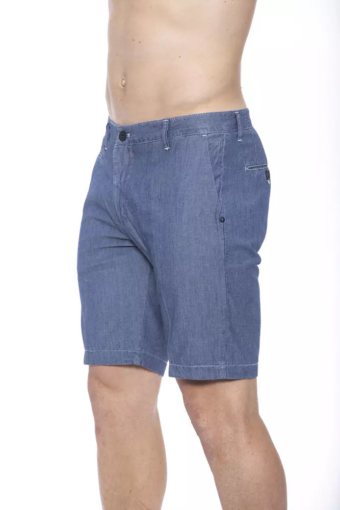 Man wearing blue denim shorts