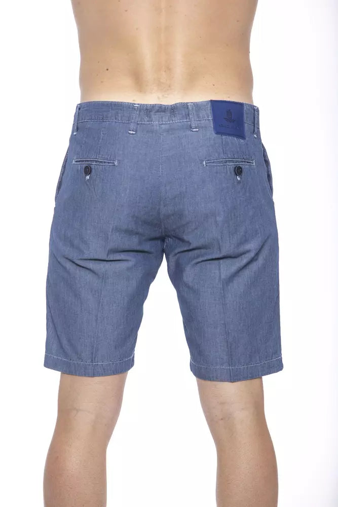 Men's blue denim shorts with pockets on back