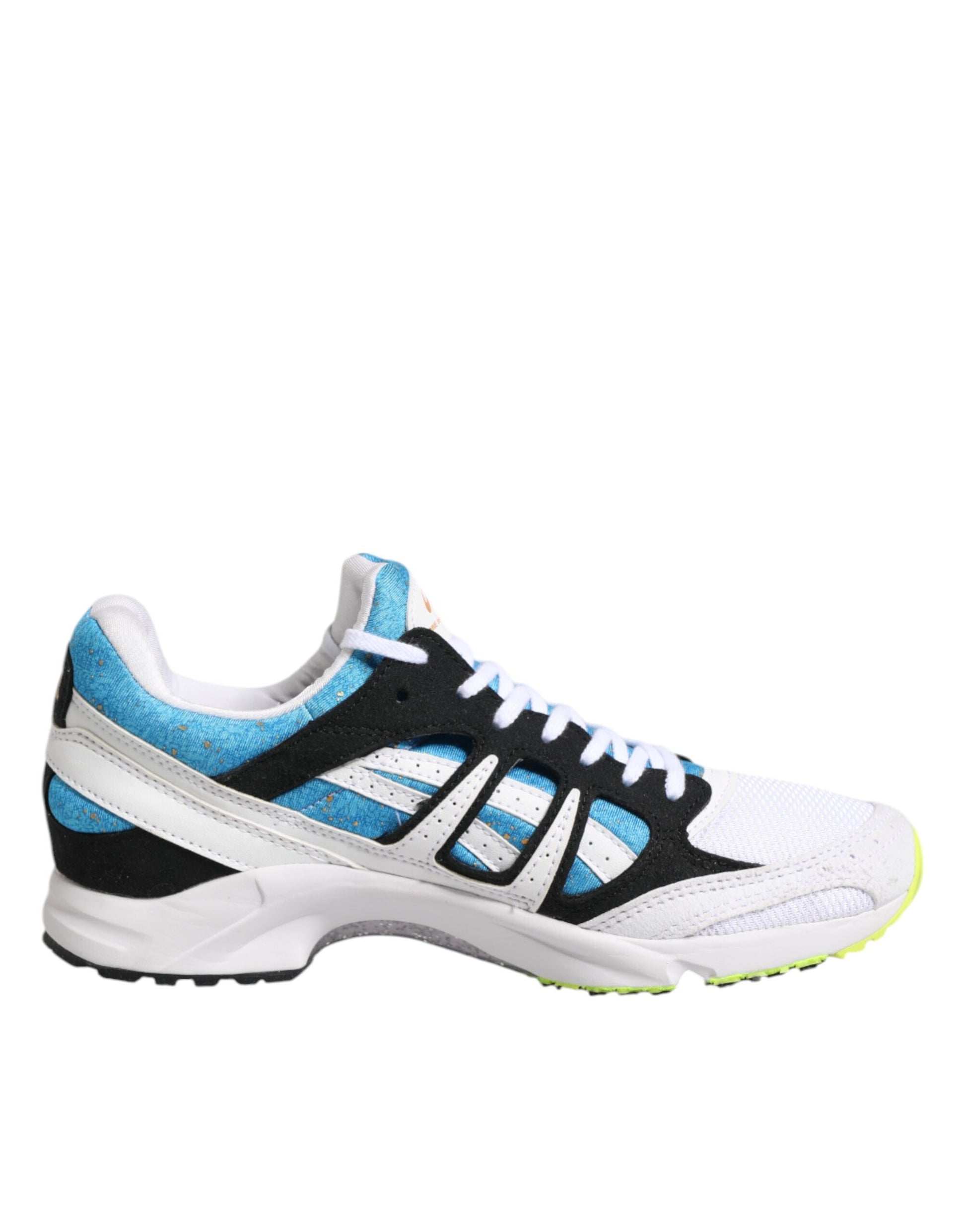 Blue and white athletic shoe with black laces
