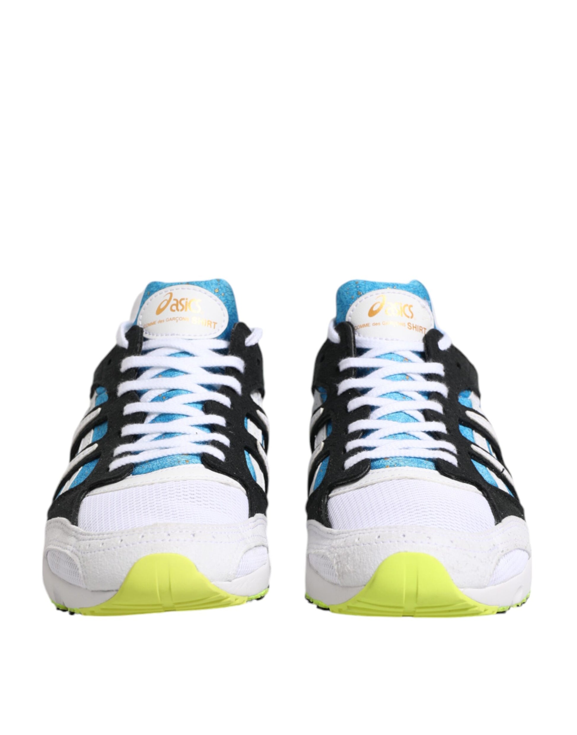 Pair of white sneakers with blue accents