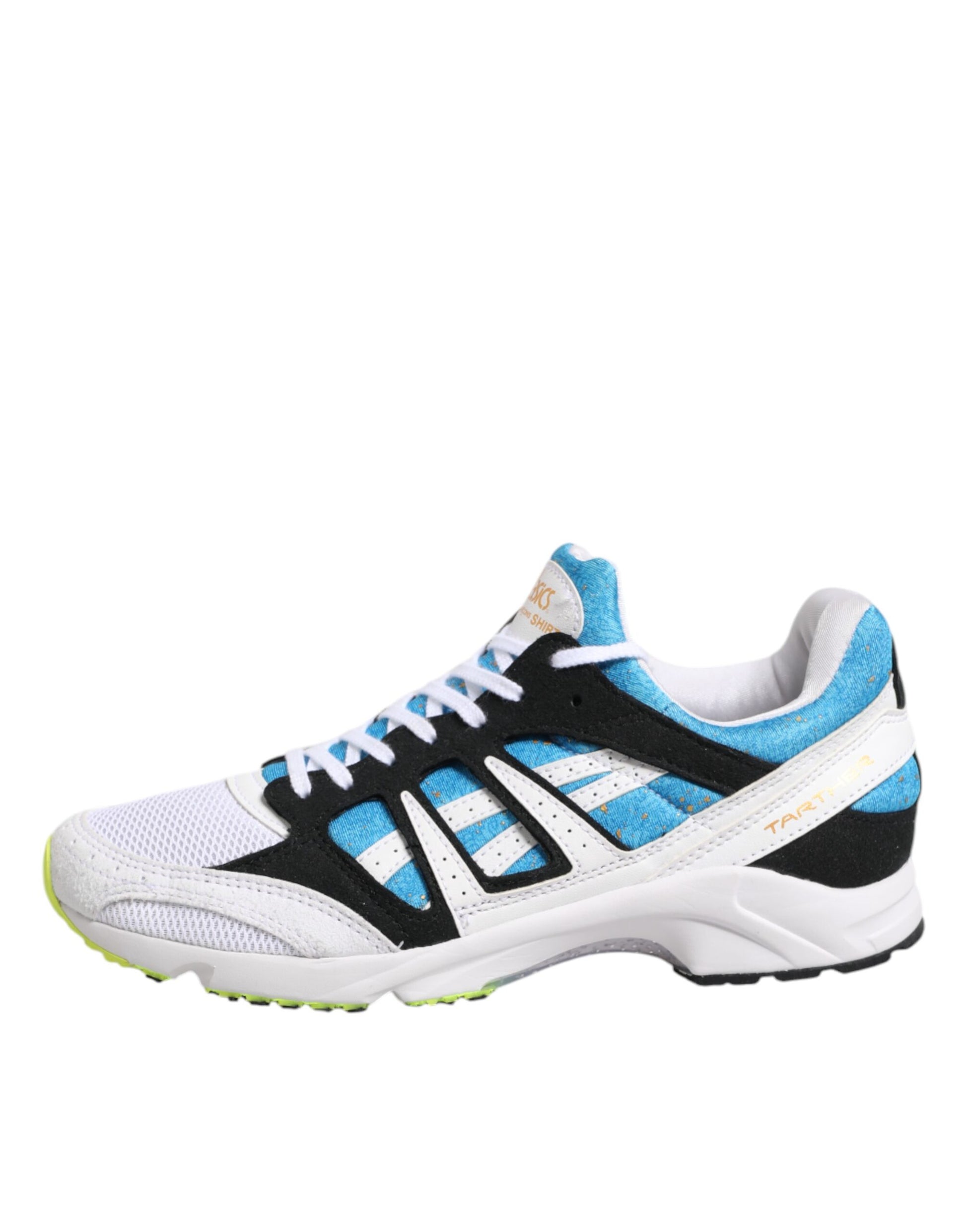 Blue and white athletic shoe with laces