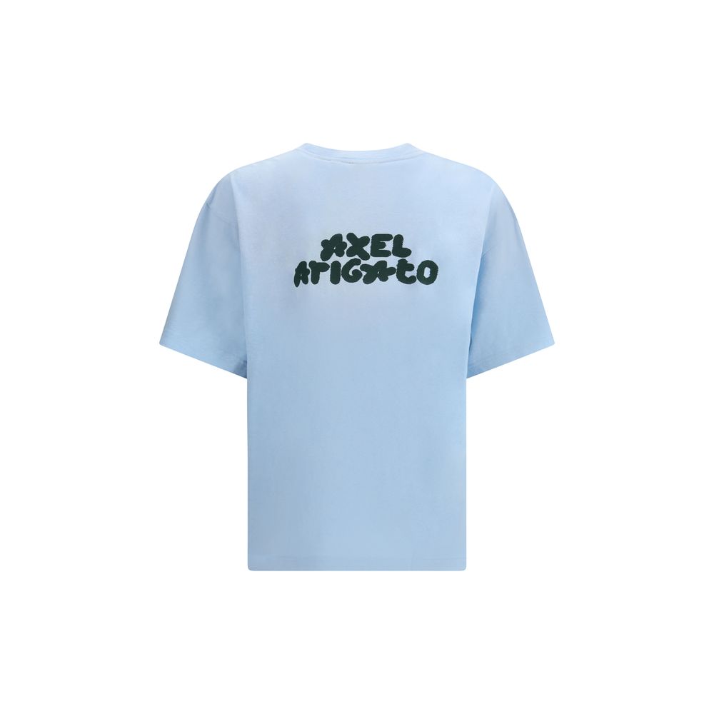 A blue fabric t-shirt with white text on the back