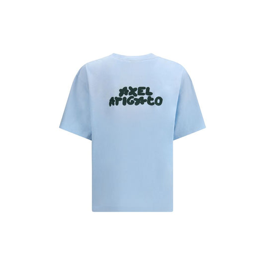A blue fabric t-shirt with white text on the back