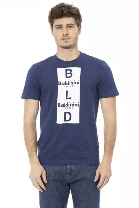 Man wearing blue t-shirt with white lettering