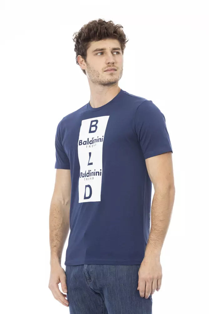 Man wearing blue t-shirt with white lettering