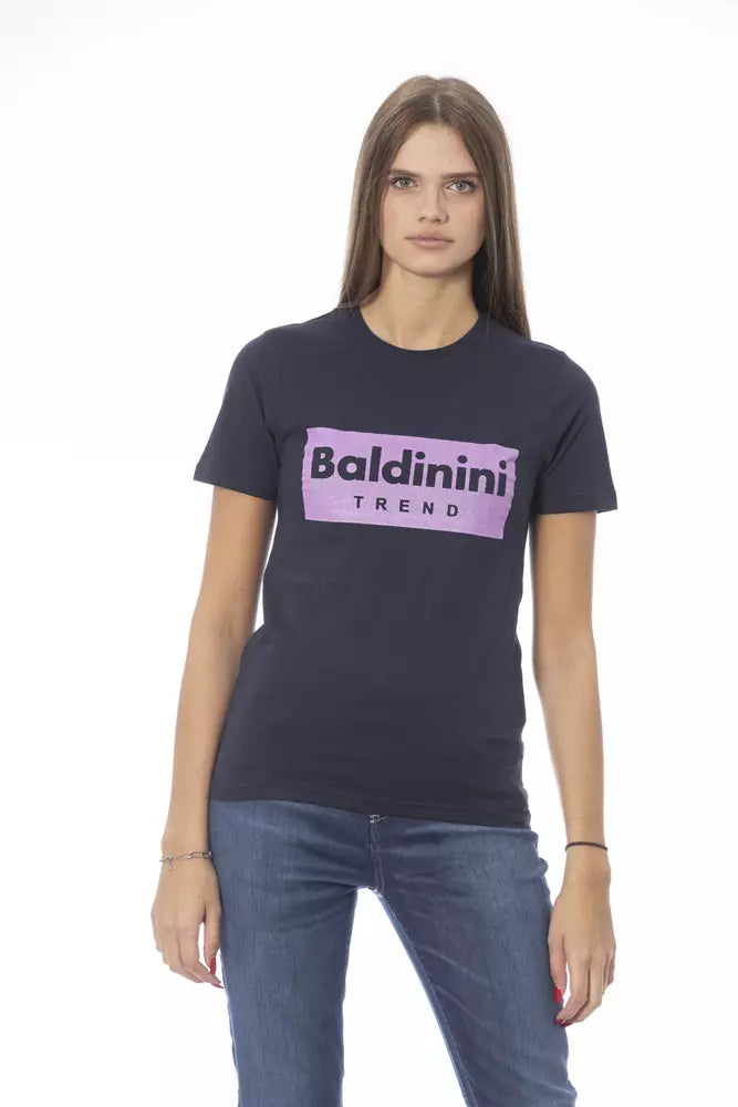 Woman wearing dark blue t-shirt with white lettering