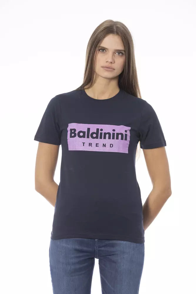 Woman wearing navy blue t-shirt with purple lettering