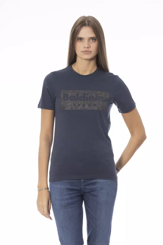 Woman wearing blue t-shirt with gold lettering