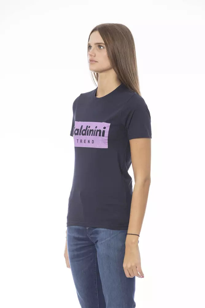 Black t-shirt with purple logo on front