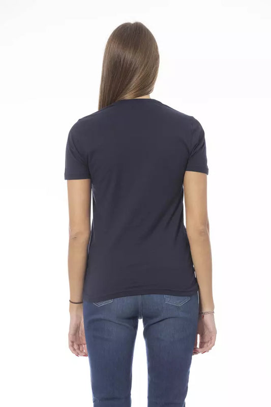 Navy blue polo shirt on a woman