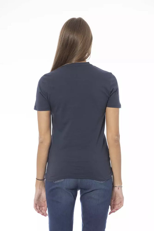 Navy blue short sleeve polo shirt on a woman