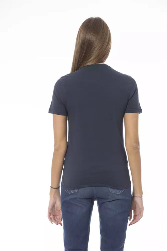 Navy blue short sleeve shirt on a woman