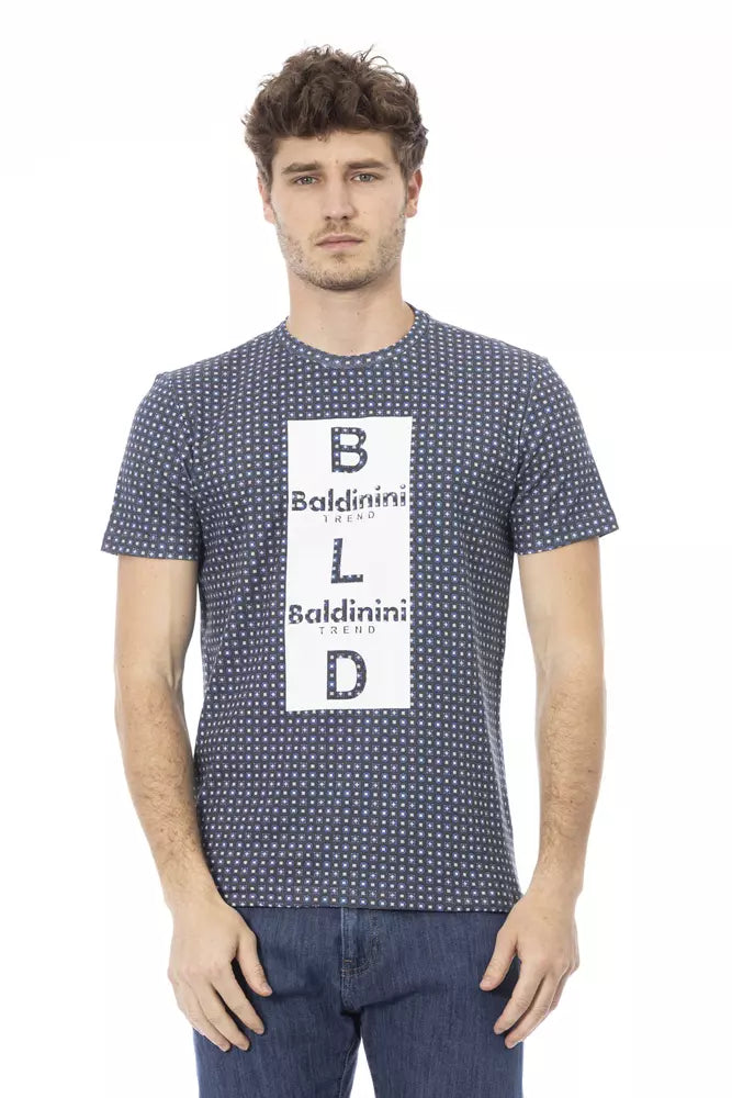 Man wearing blue shirt with white letters