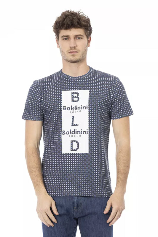 Man wearing blue shirt with white letters