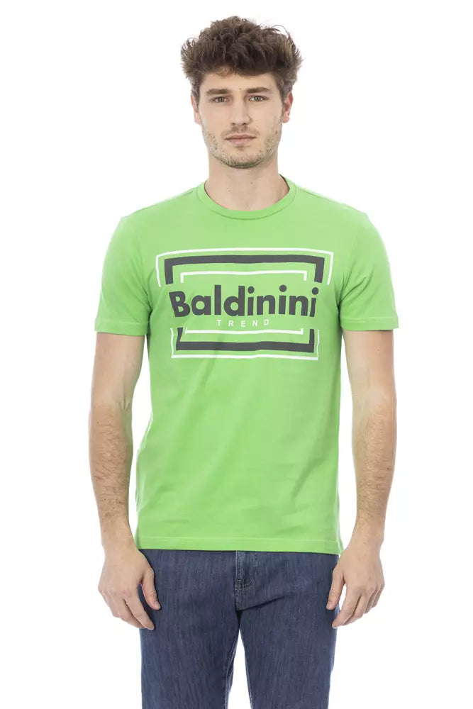 Man wearing green t-shirt with white lettering