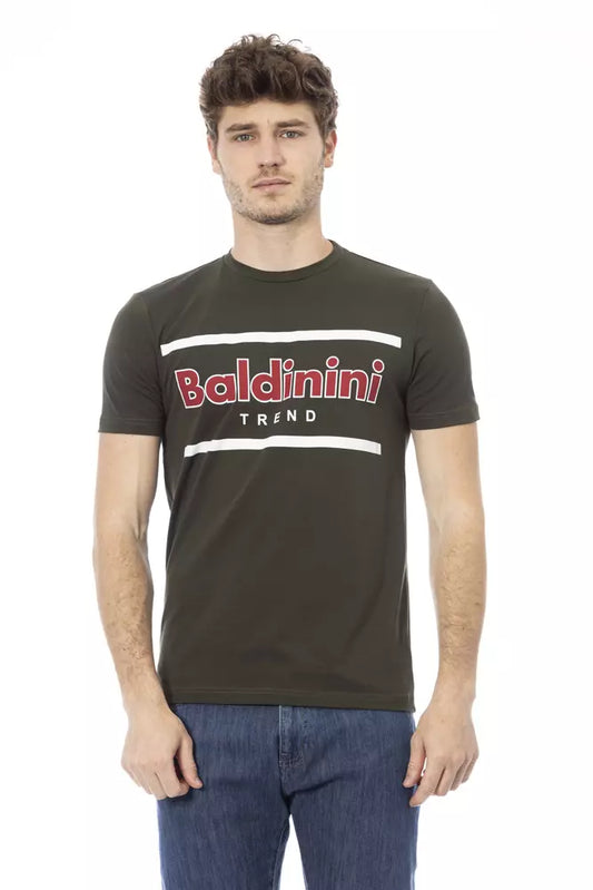 Man wearing dark t-shirt with red logo