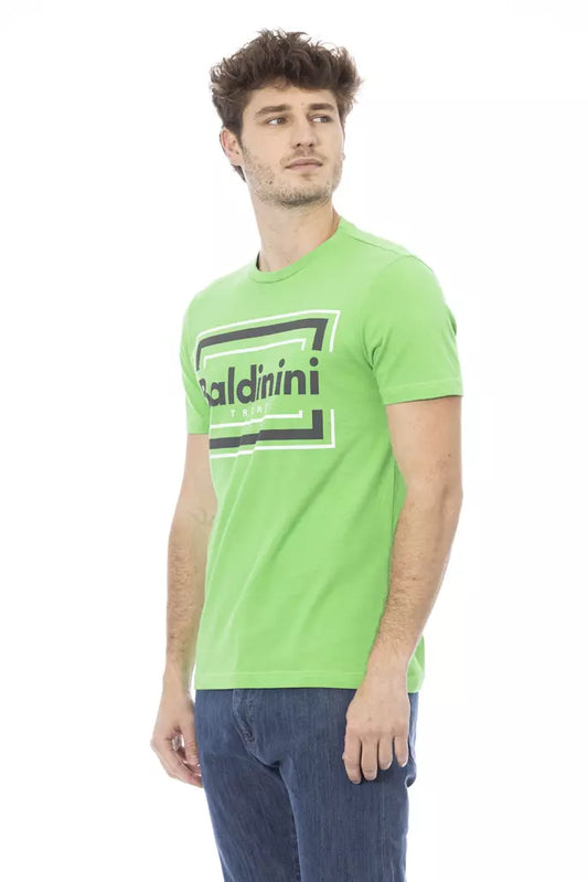 Man wearing green t-shirt with white lettering