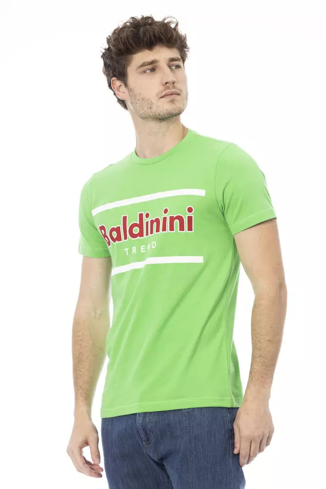 Man wearing green t-shirt with red logo