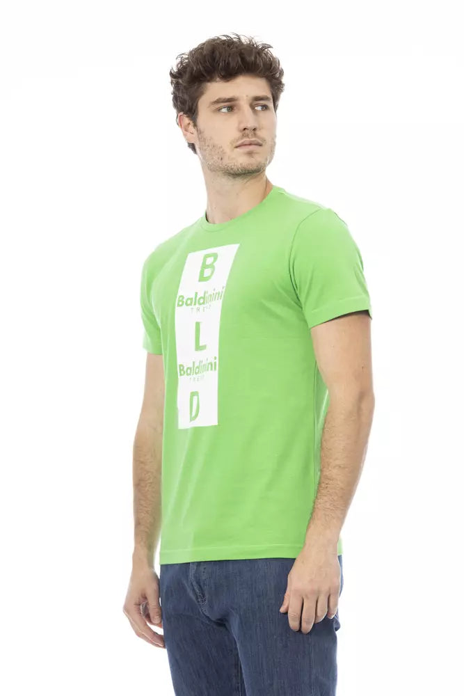 Man wearing green t-shirt with white lettering