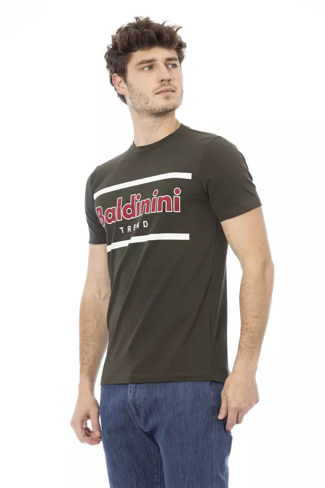 Man wearing brown t-shirt with red logo