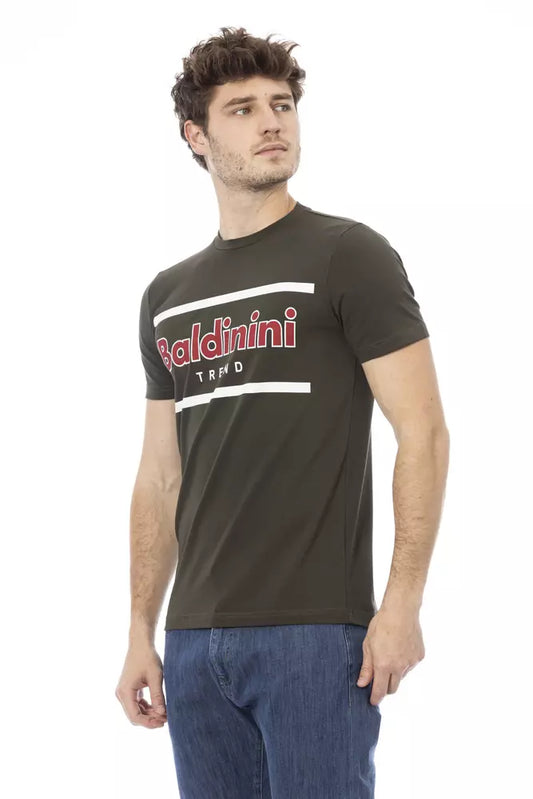 Man wearing brown t-shirt with red logo