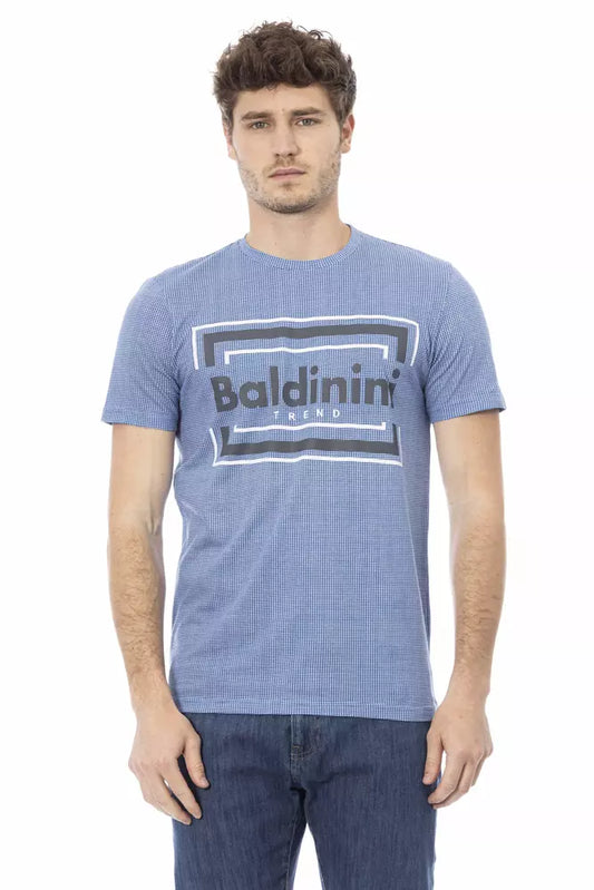 Man wearing blue shirt with white logo