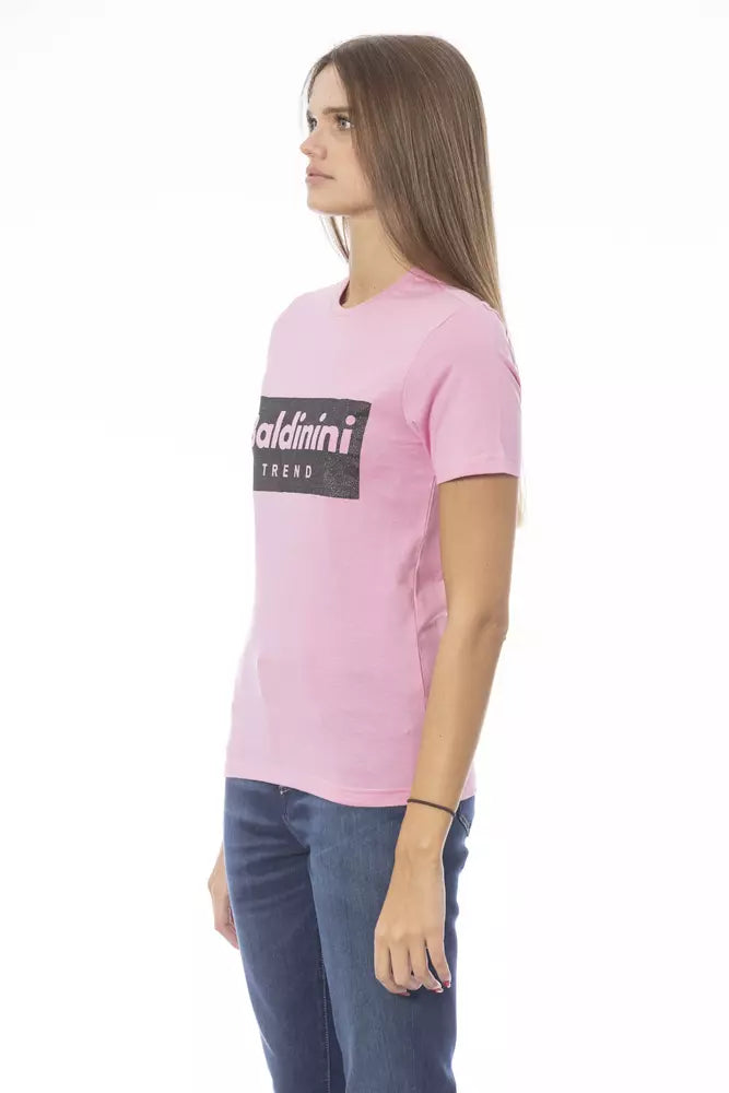 Pink t-shirt with white lettering on front