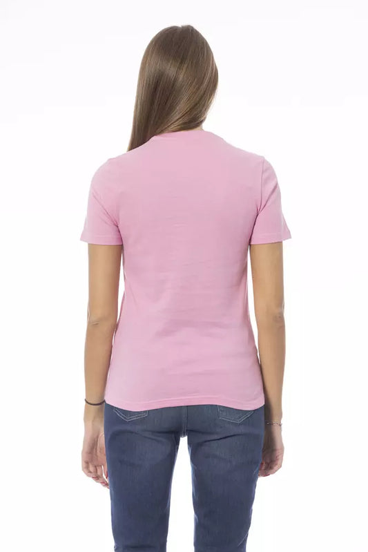 Pink short sleeve shirt on a woman