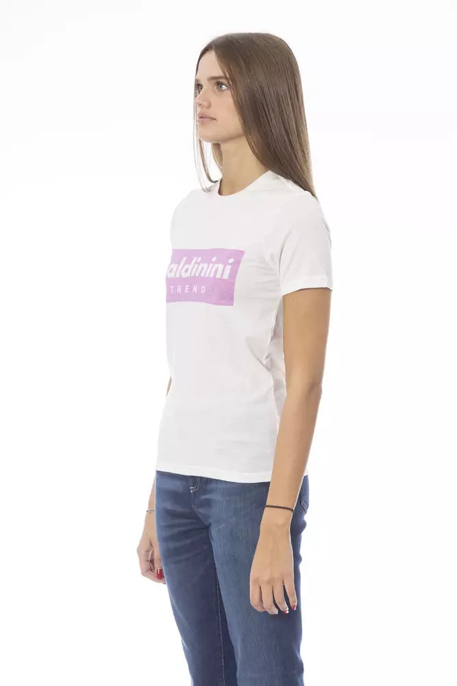 White t-shirt with pink logo on front