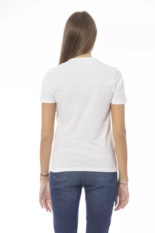 White short sleeved t-shirt on a woman's back