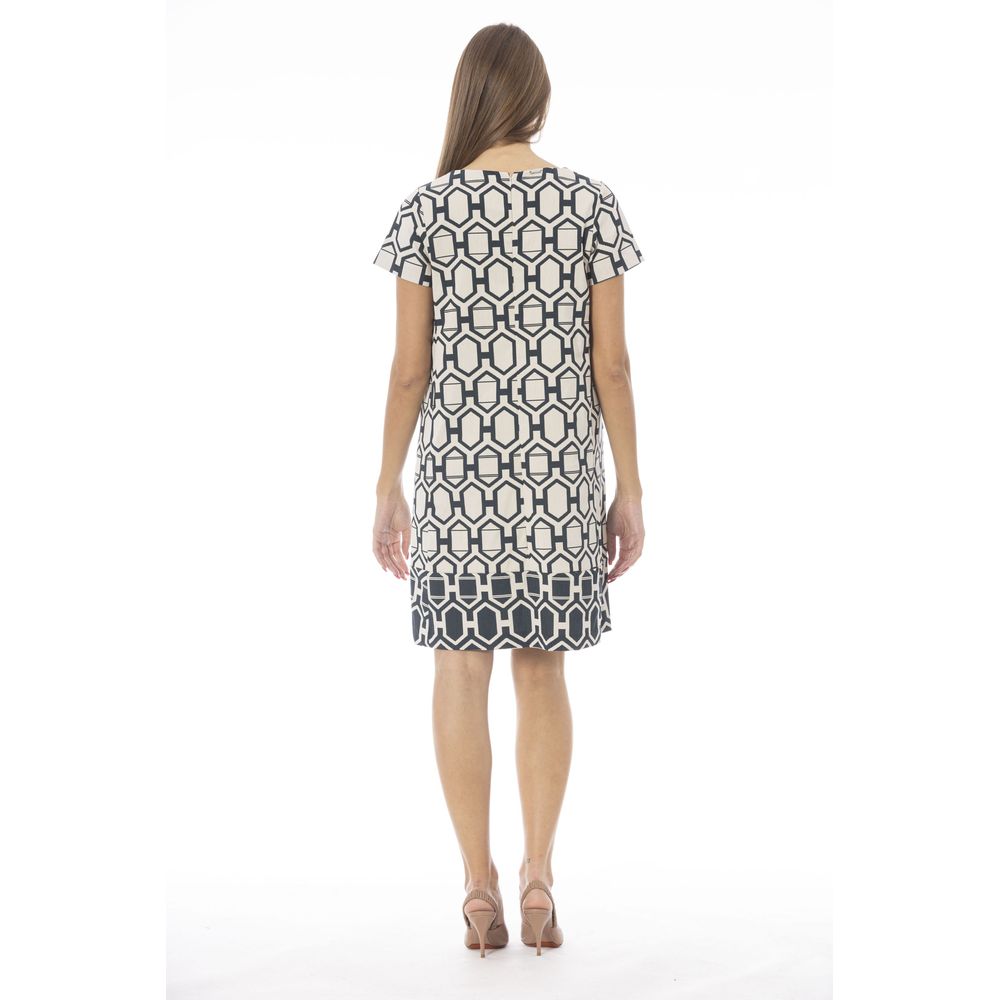 A woman's black and white dress with a geometric pattern