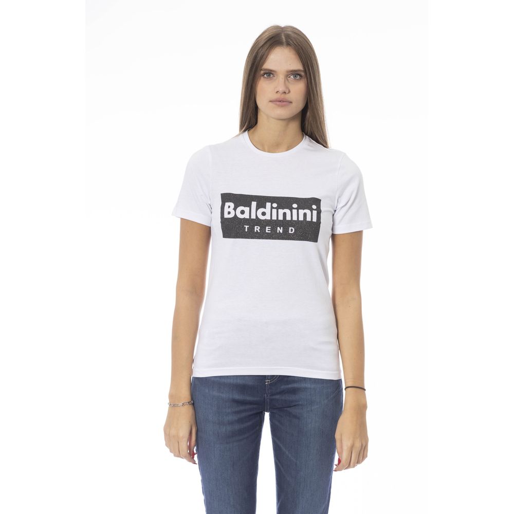 White t-shirt with black text