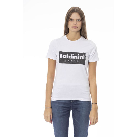 White t-shirt with black text