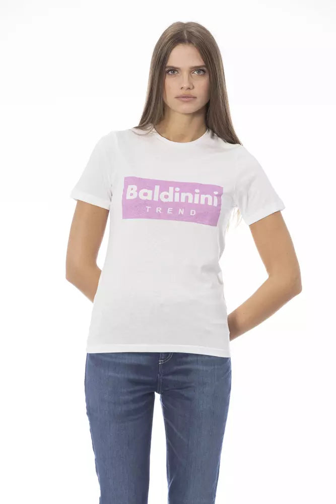 A white cotton women's t-shirt with a purple graphic print on the front