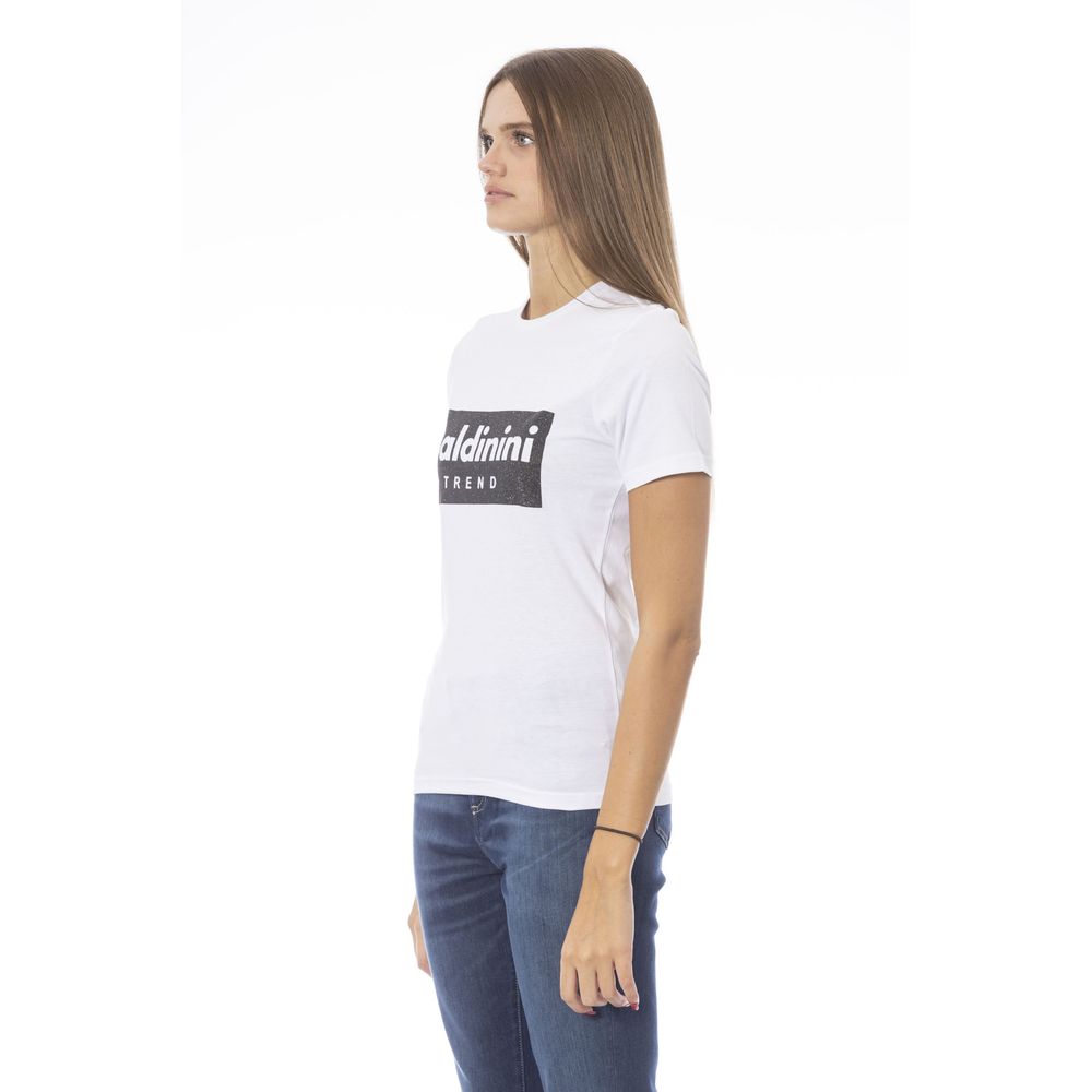 White t-shirt with black text on woman's torso