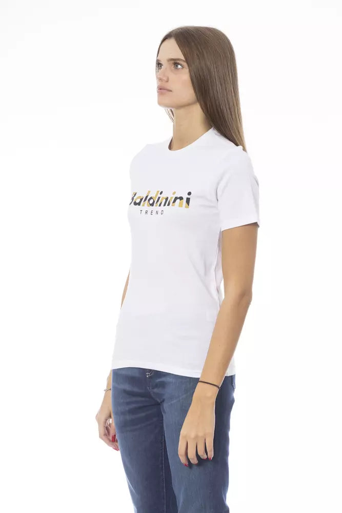 A white cotton women's t-shirt with a logo on the front