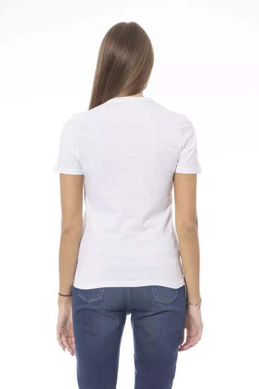 A white cotton women's t-shirt with short sleeves and a round neckline