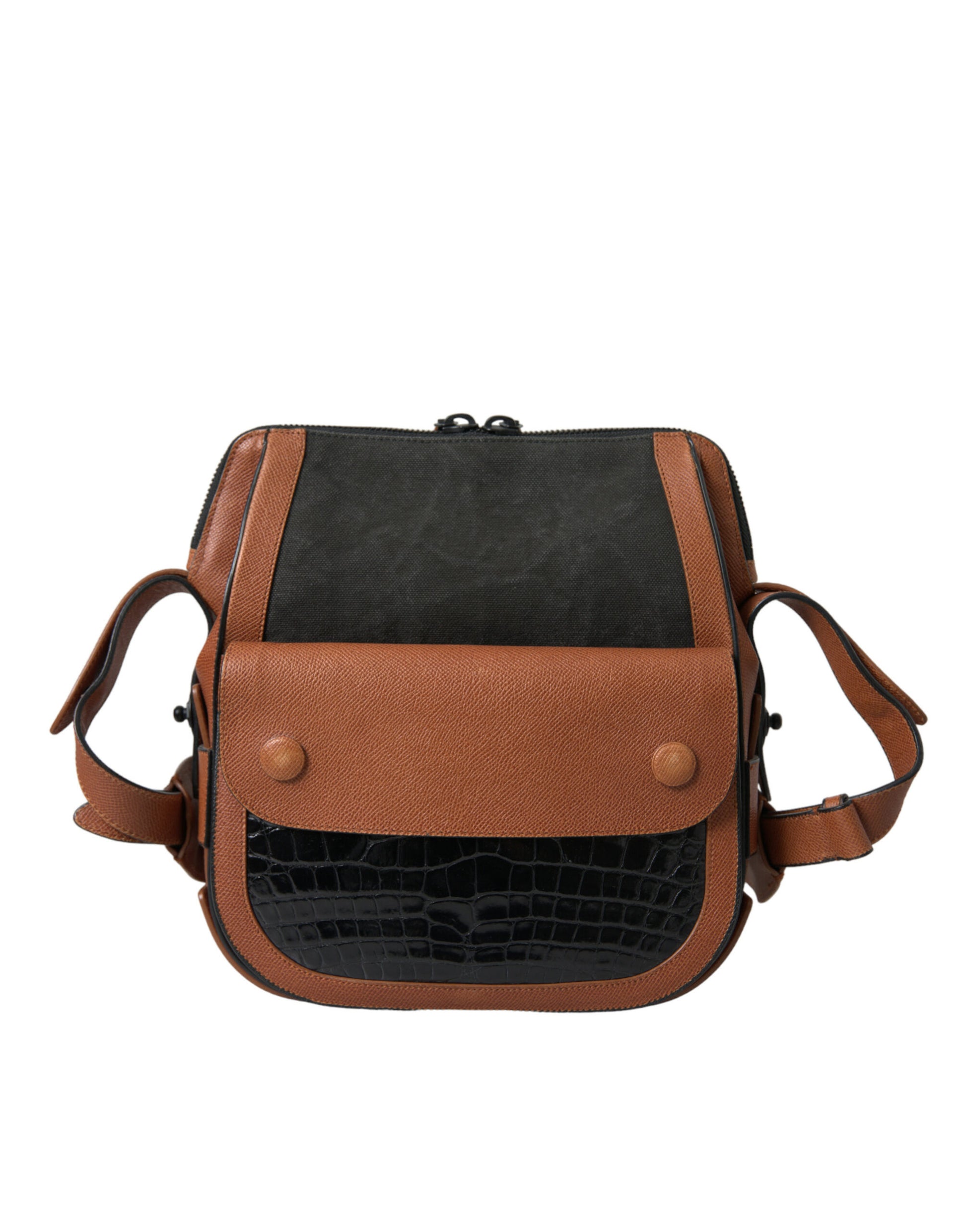 Brown leather backpack with solar panel on top