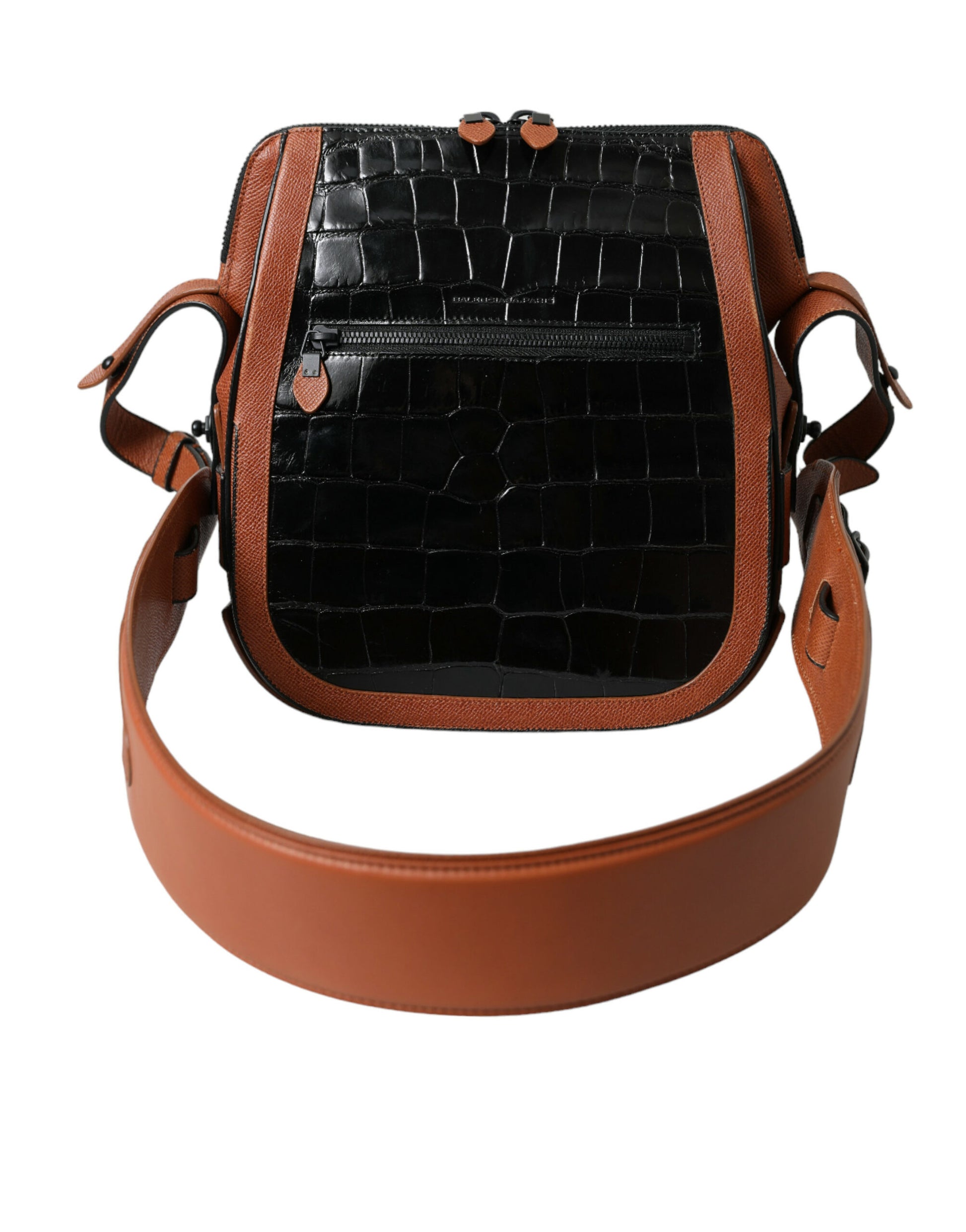 Brown leather crossbody bag with black crocodile skin accents