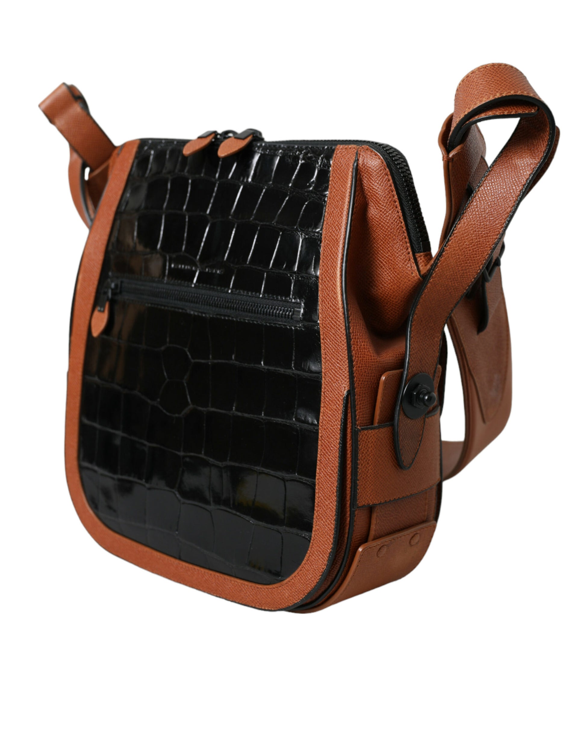 Brown leather crossbody bag with black crocodile skin panel