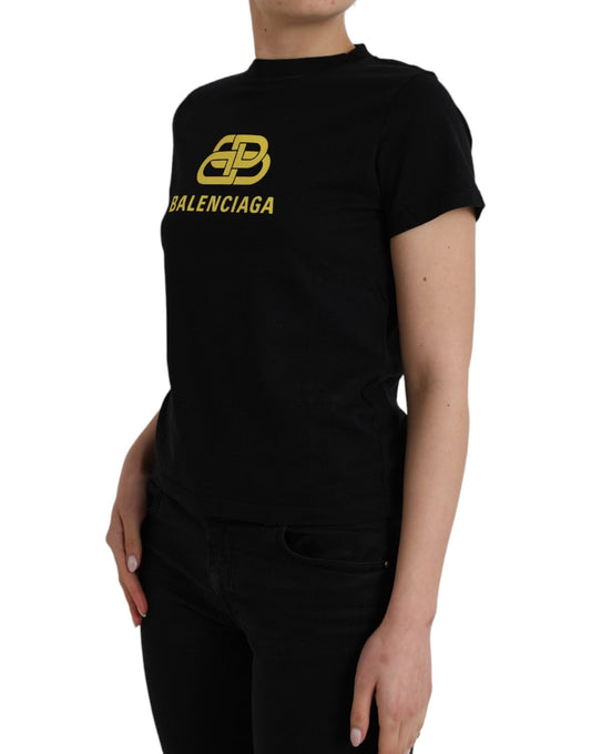 Black t-shirt with yellow logo on front