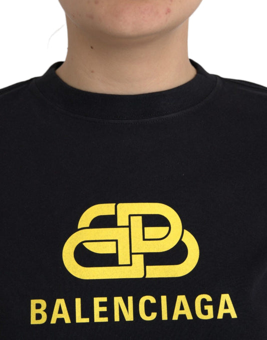 A black cotton t-shirt with a yellow logo print on the front