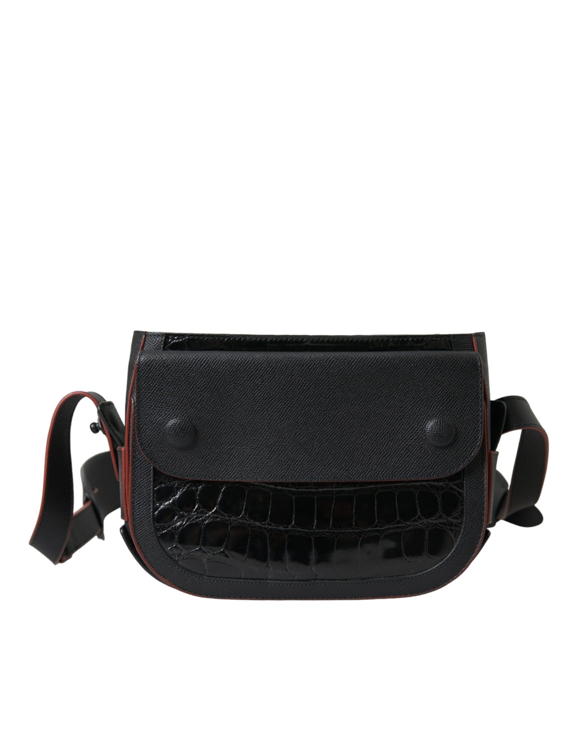 Black leather crossbody bag with red trim